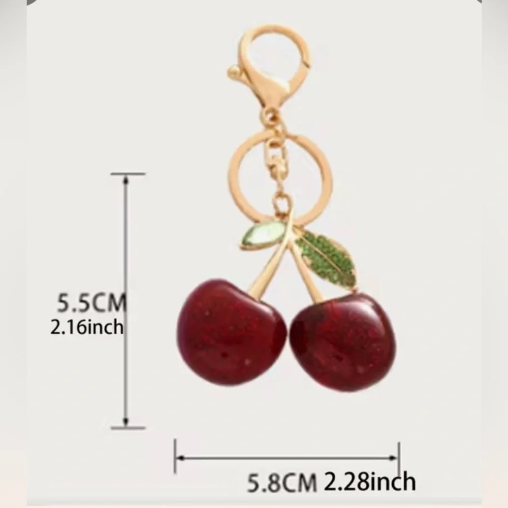 Cherry Keychain with Green Leaves & Gold - Red Accents
